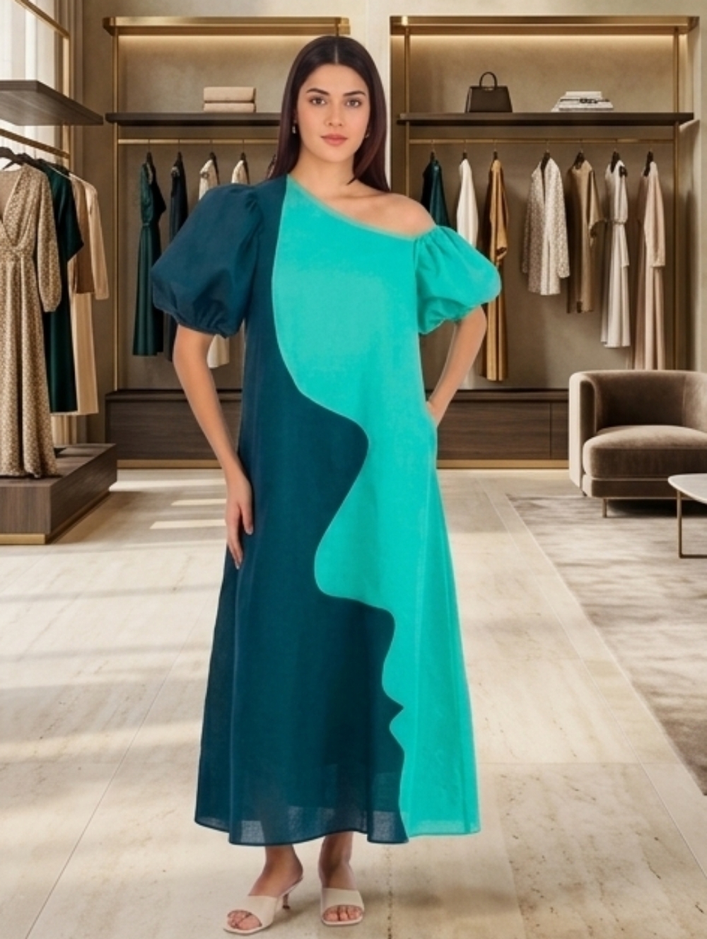 CROSBY by Mollie Burch Asymmetrical Teal and Navy  Linen Dress